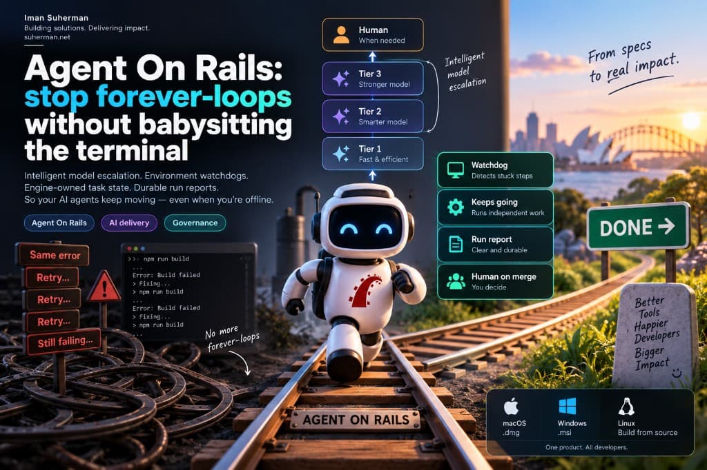 Agent On Rails — from forever-loop retries to DONE, with intelligent model escalation and environment watchdogs