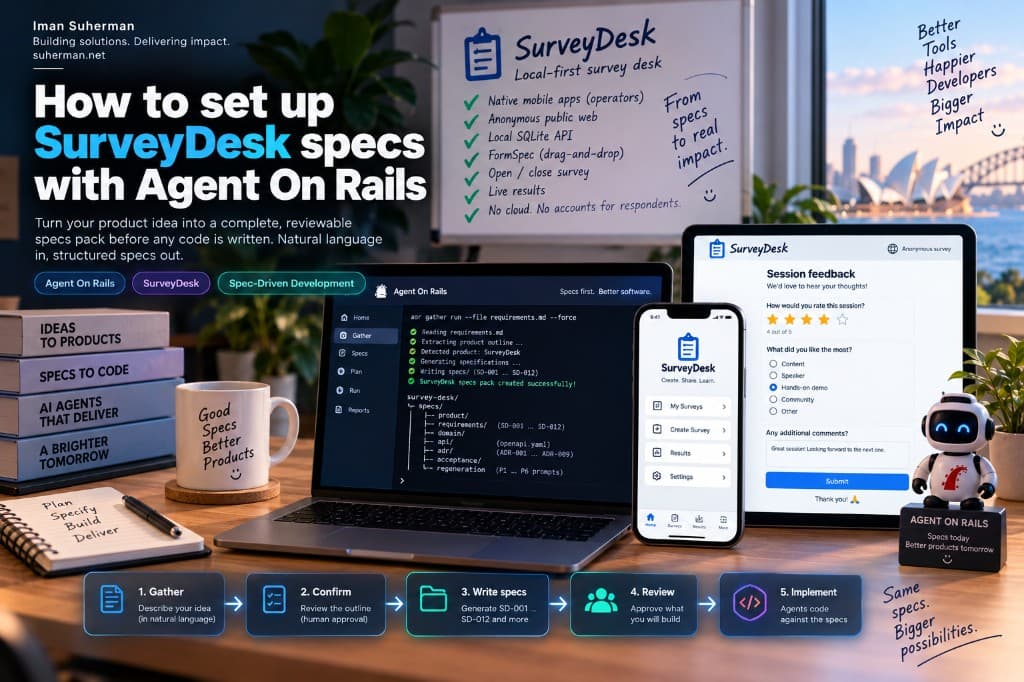 How to set up SurveyDesk specs with Agent On Rails — Gather, Confirm, Write specs, Review, Implement