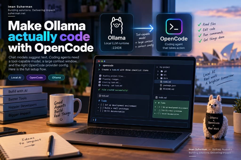 Make Ollama actually code with OpenCode — local LLM runtime feeding a coding agent that reads files, edits code, and runs commands
