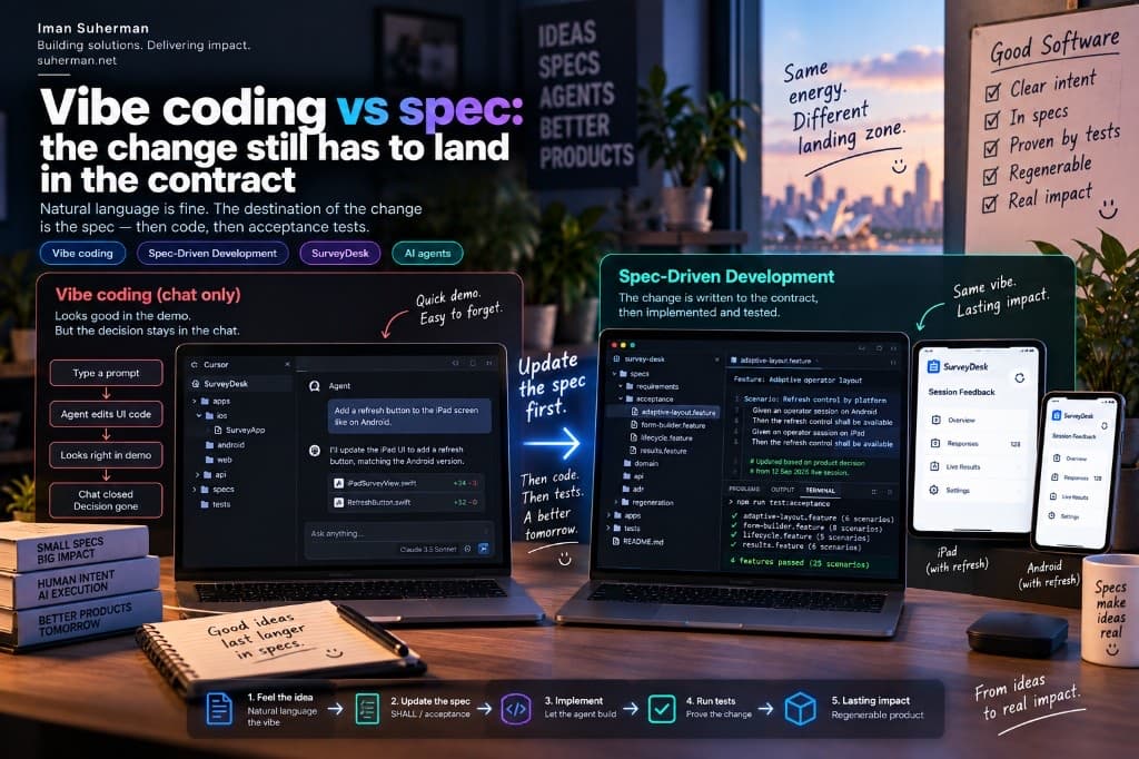Vibe coding vs spec — chat-only demo on the left, Spec-Driven contract and acceptance tests on the right